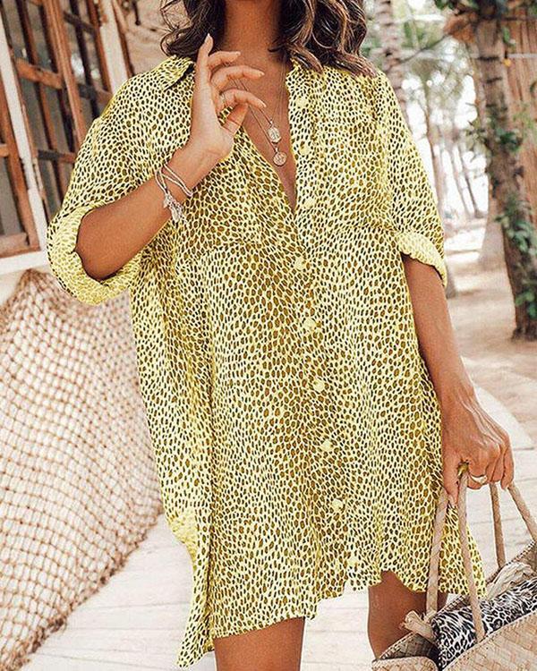 Leopard Long Sleeves Print Mini Blouse Dresses