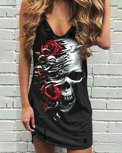 Women Sleeveless Summer Fashion Skull and Rose Print Tank Dress