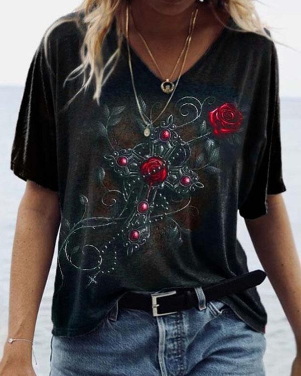 Fashion Street Rose Skull Print Casual V Neck Shirt&Top