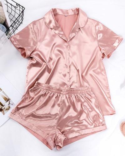 Solid Satin Casual Comfy Shorts Set Loungewear