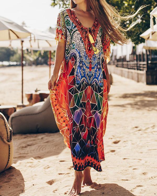 Bohemian Colorful Print Bikini Cover Up Vacation Dress
