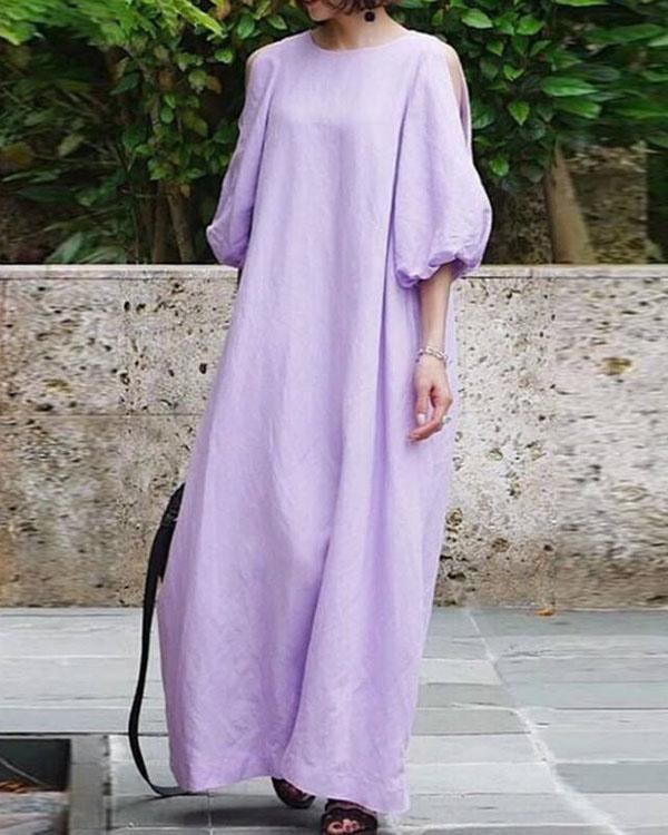 Women Half Sleeve Solid Loose Plus Size Casual Linen Dresses