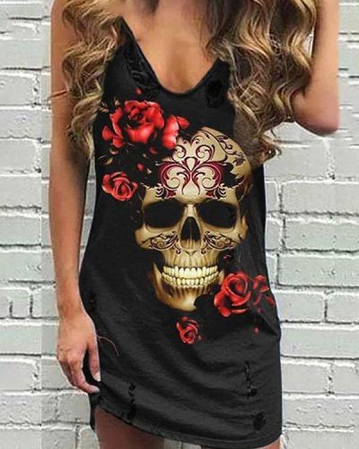 Personalized V-neck Skull&Rose Sleeveless Mini Dress