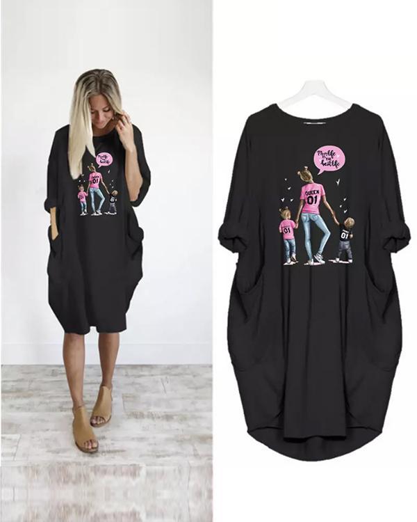 Super Mom Printed Loose Casual Irregular Plus Size Dress