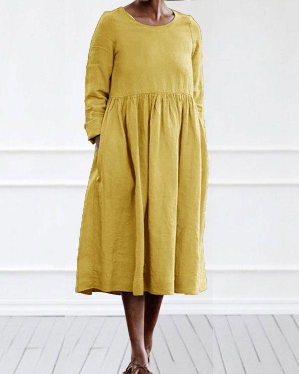 Casual Linen Cotton Plain Color Long Sleeve Midi Dress