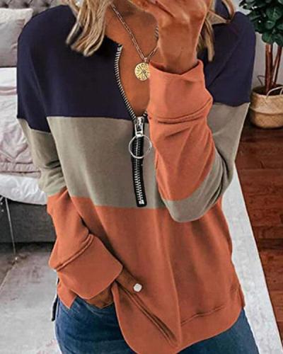 Color Block V-Neck Zipper Long Sleeves Sweatshirt Pullover