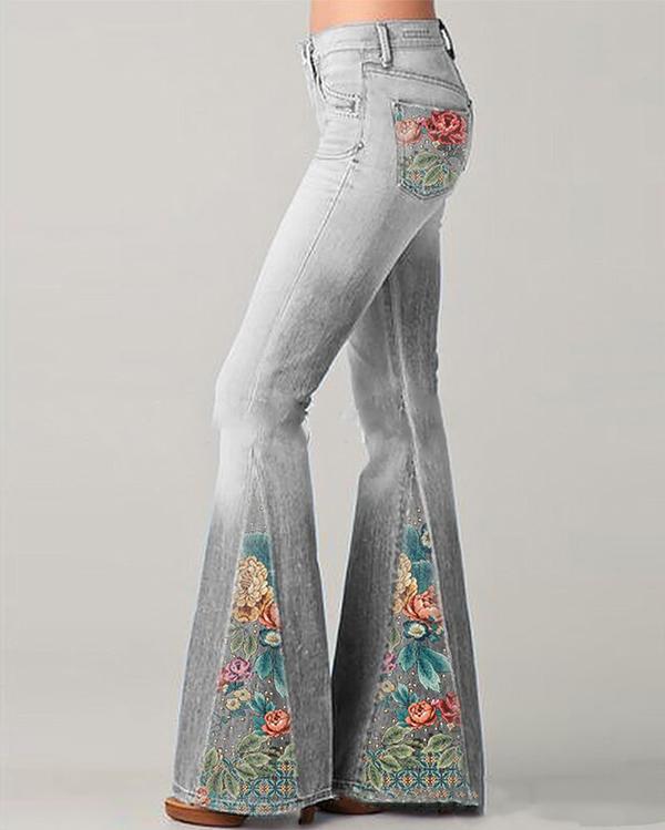 New Fashion Gradient Flower Printed Jeans Flared Pants