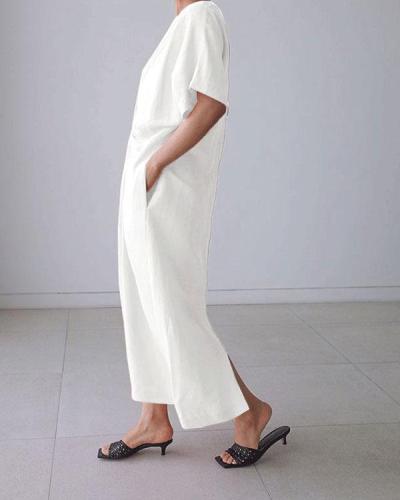Solid Short Sleeve Twisted Design Irregular Linen Dresses
