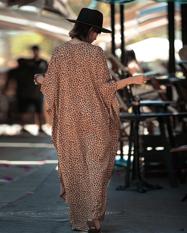 Leopard Pocketed Button Front Side Slit Sleeved Maxi Cover Up