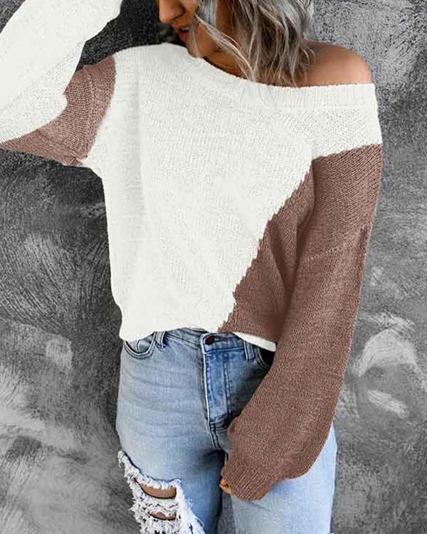 Autumn Knitted Contrast Color Design Pullover Sweater