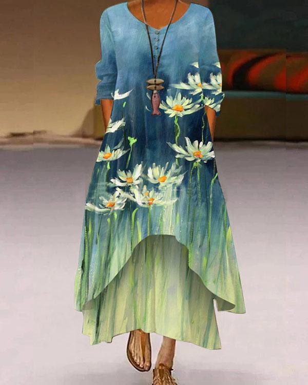 Women Autumn Oil Painting Irregular A-line Maxi Dresses