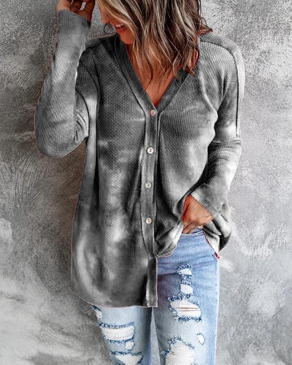 Buttoned V-neck Loose Tie-dye Cardigan