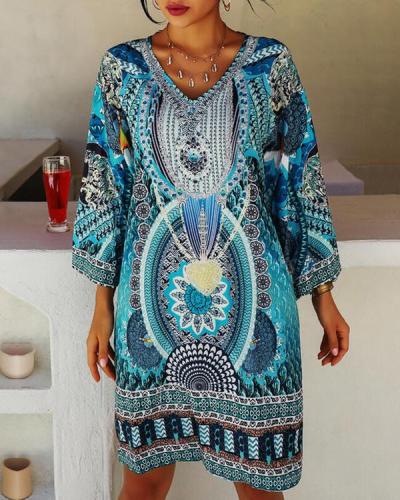 Tribal Pattern Print Long Sleeve V-neck Women Bohemian Dress