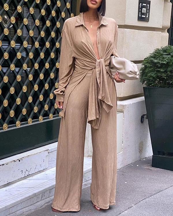 Women Lace-up Long-sleeved Top And Wide-leg Pants Suit