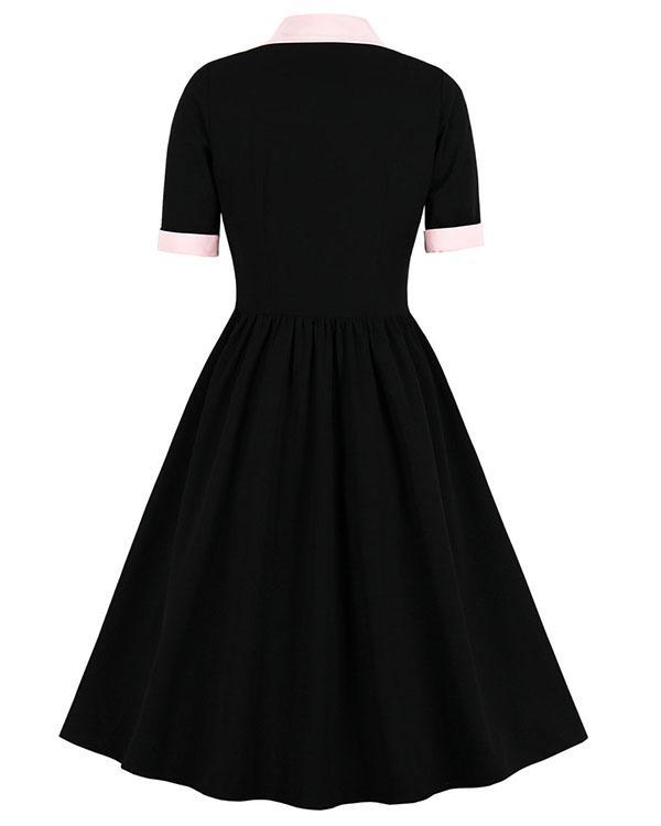 Vintage Contrast Pink & Black Elegant Button Midi Dress A-Line Dress