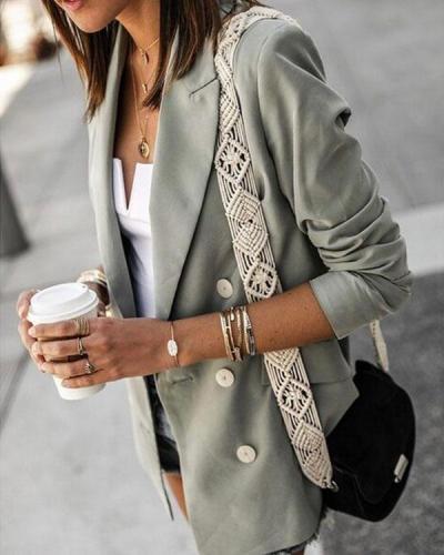 Fashion Lapel Solid Jacket Double Breasted Casual Blazer