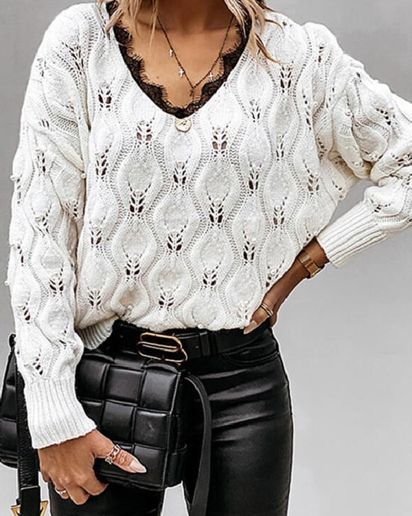 Casual Long-sleeve Hollow out Crochet Lace Knit Sweater