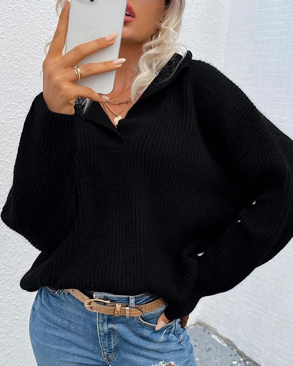 Fashion Loose Fit Rib Sweater Knitting V Neck Solid Top