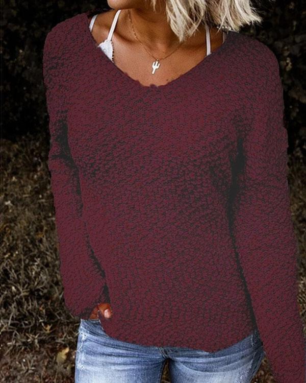 Women Solid V Neck Fleece Sweatshirt Casual Long Sleeve Top