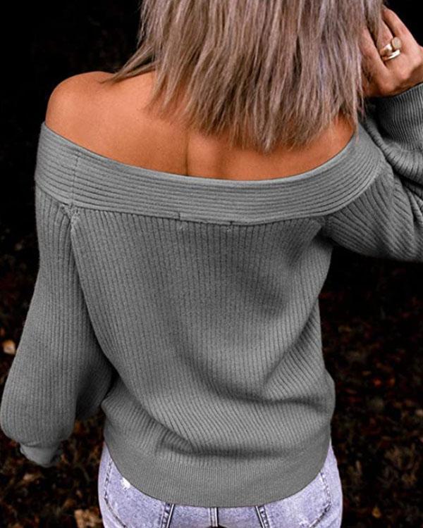 Casual Lantern-sleeve Off Shoulder Rib Knitting Sweater