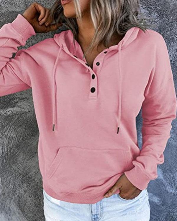 Women Solid Drawstring Button Hoodie Long Sleeve Top with Pocket