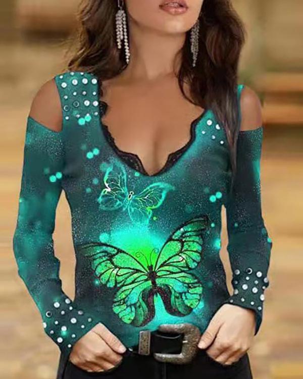Cold Shoulder Butterfly Print Long-sleeved Top