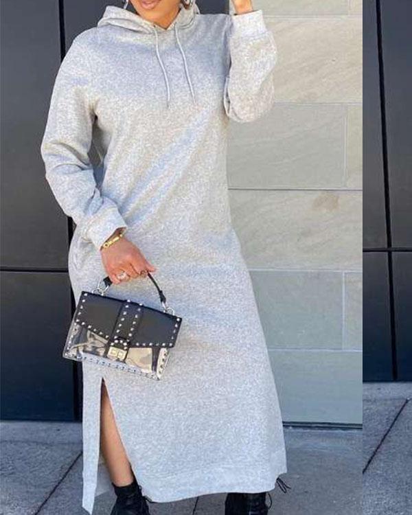 Women Solid Hooded Sweartshirt Dress Long Sleeve Slit Maxi Dress