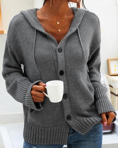 Patchwork Buttons Drawstring Comfy Hooded Going out Cardigan