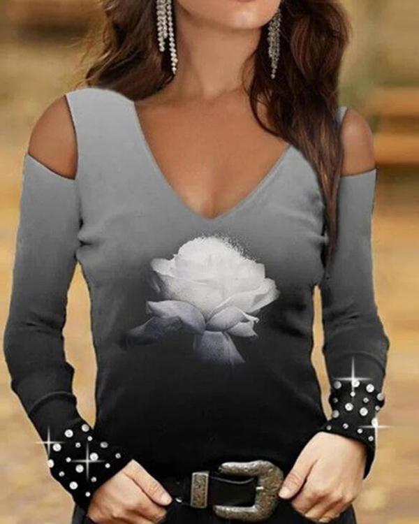 Sexy Cold Shoulder Ombre V Neck Flower Skinny Fall Top