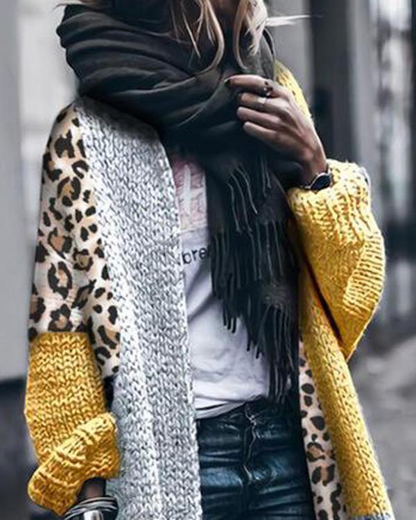 Color Block Leopard Casual Long Cardigan