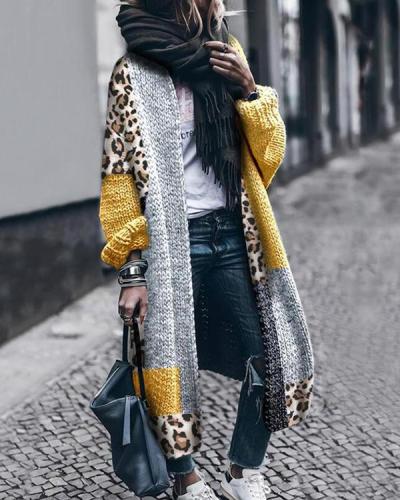 Color Block Leopard Casual Long Cardigan