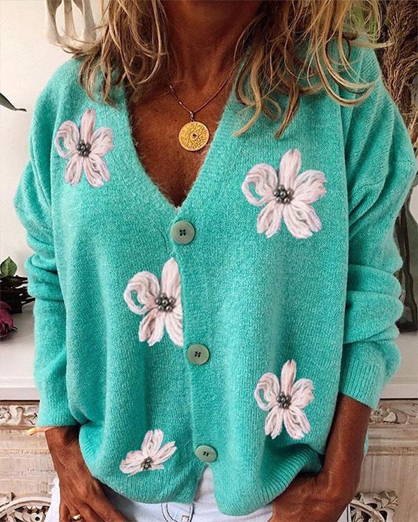 Loose Fit Embroidered V Neck Knitted Sweater