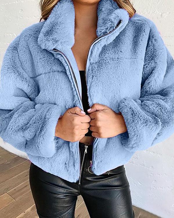 Plus Size Faux Fur Zipper Cardigan Solid Plush Warm Jacket