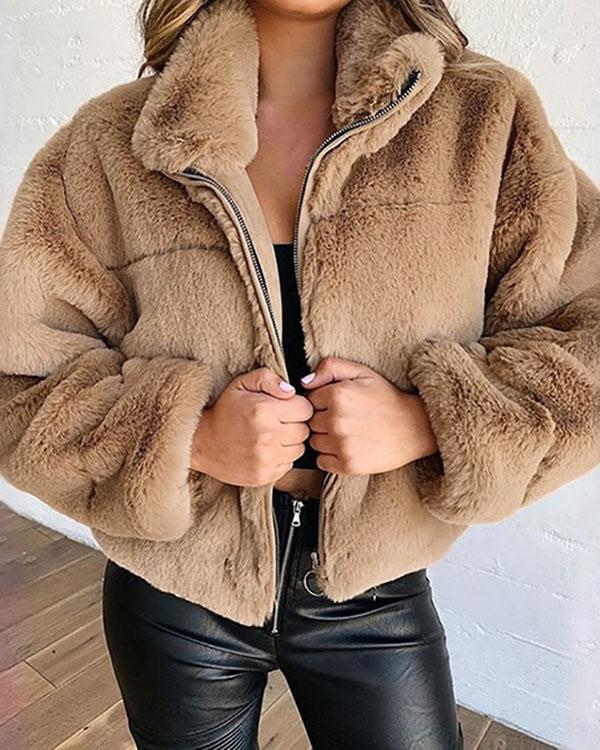 Plus Size Faux Fur Zipper Cardigan Solid Plush Warm Jacket