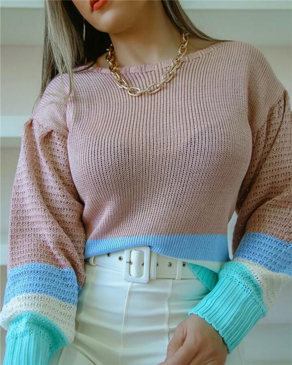 Elegant flared sleeve contrast knit sweater