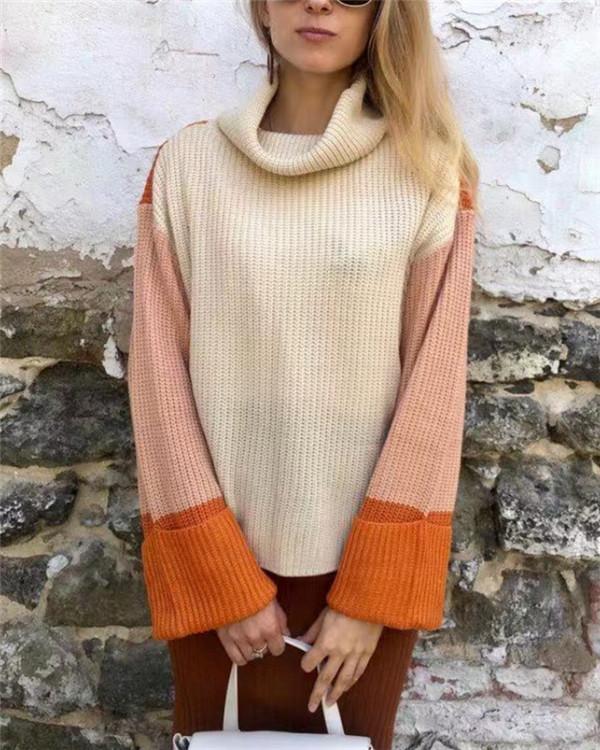 Three-color color matching turtleneck knitted sweater women