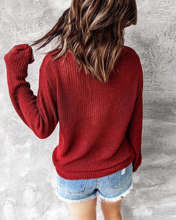 Solid Color V Neck Buttoned Knit Sweater