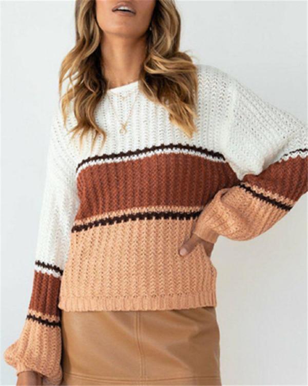 Round Neck Hollow Loose Color Stitching Long Sleeve Knitted Sweater