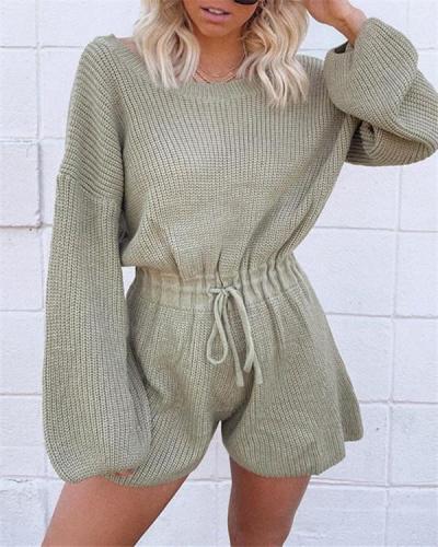 Sweater knitted loose round neck sweater lantern sleeve jumpsuit