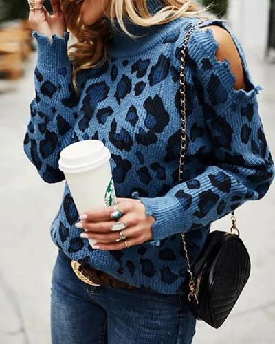 Leopard Print High Neck Long Sleeve Off-Shoulder Knitted Sweater