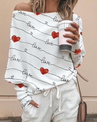 Women's Heart Print Off Shoulder Long Sleeve T-Shirts