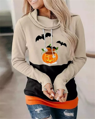 Halloween Bat Pumpkin High Neck Casual Long Sleeve Top
