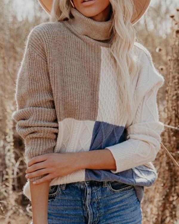 Turtleneck Color Block Casual Long Sleeve Pullover