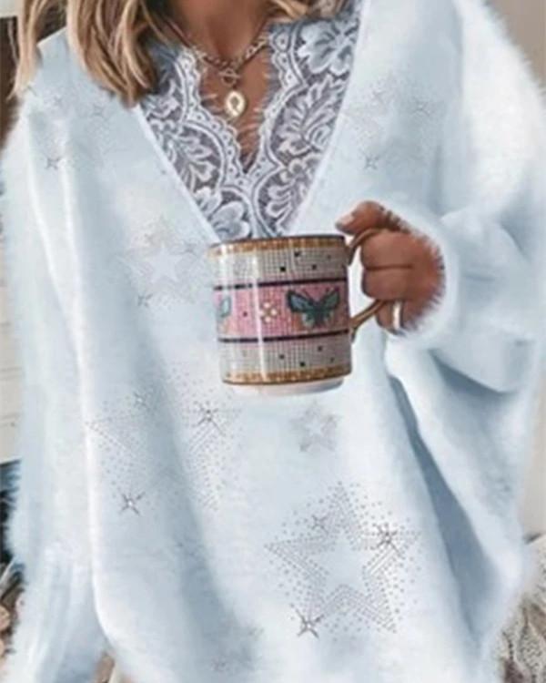 Early Autumn Women's Lace V-neck Long-sleeved Sweater