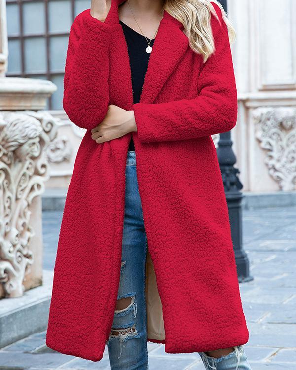 Women Winter Faux Fleece Long Sleeve Lapel Warm Coat