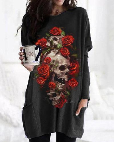 Halloween Skull Rose Print Long Sleeve Tops