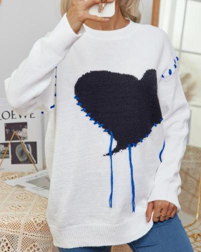 Print Heart Round Neck Casual Sweaters