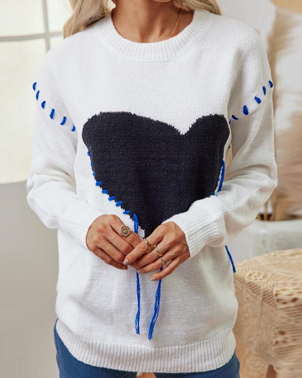 Print Heart Round Neck Casual Sweaters
