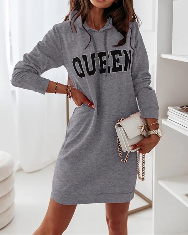 Long Sleeve Hooded Letter Sports Casual Dress