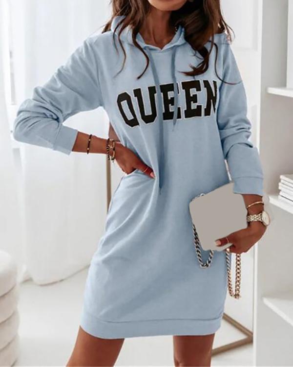 Long Sleeve Hooded Letter Sports Casual Dress